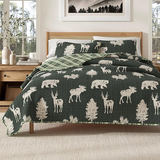 Lodge Bedspread Full/Queen Size Quilt with 2 Shams. Cabin 3-Piece Reversible All Season Quilt Set. Rustic Quilt Coverlet Bed Set. Rio Ridge Collection (Forest Green)