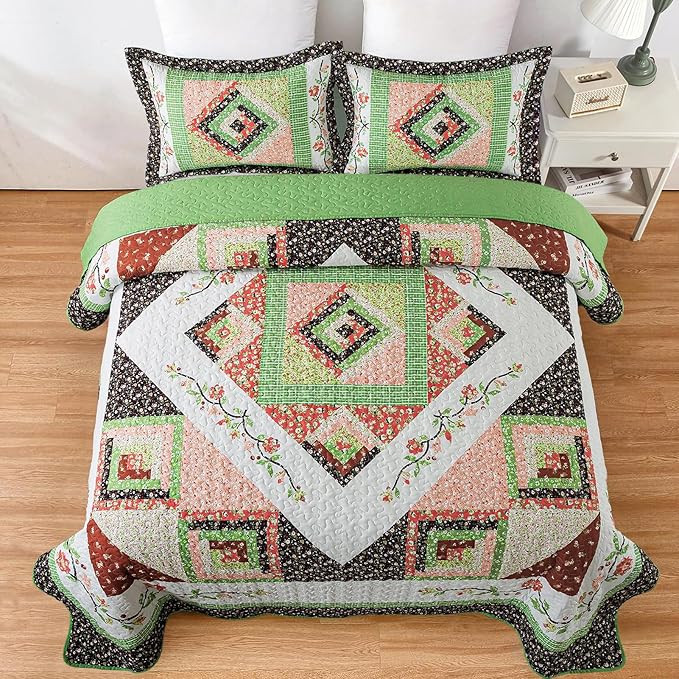 VAPUTAR Quilt Queen Size Bedding Set - Farmhouse Queen Size Bedspread Set for All Season, Lightweight Reversible Coverlet Quilt for Bedroom (90 × 98 Inch), Green