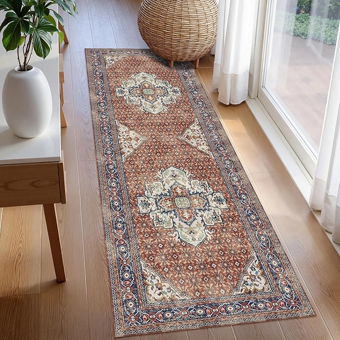 Washable Area Rug 2'6'' x 8' Vintage Traditional Persian Mat - Foldable Distressed Non-Slip Machine Washable Carpet for Living Room Bedroom Kitchen Home Decor - Terracotta and Navy