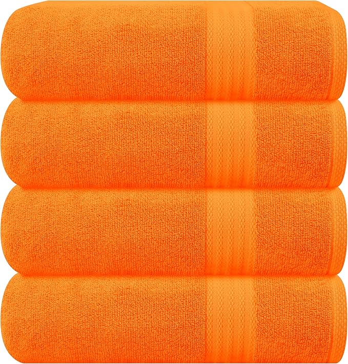 GLAMBURG Premium Cotton 4 Pack Bath Towel Set - 100% Pure Cotton - 4 Bath Towels 27x54 - Ideal for Everyday use - Ultra Soft & Highly Absorbent - Orange