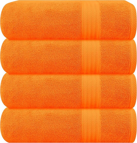 GLAMBURG Premium Cotton 4 Pack Bath Towel Set - 100% Pure Cotton - 4 Bath Towels 27x54 - Ideal for Everyday use - Ultra Soft & Highly Absorbent - Orange