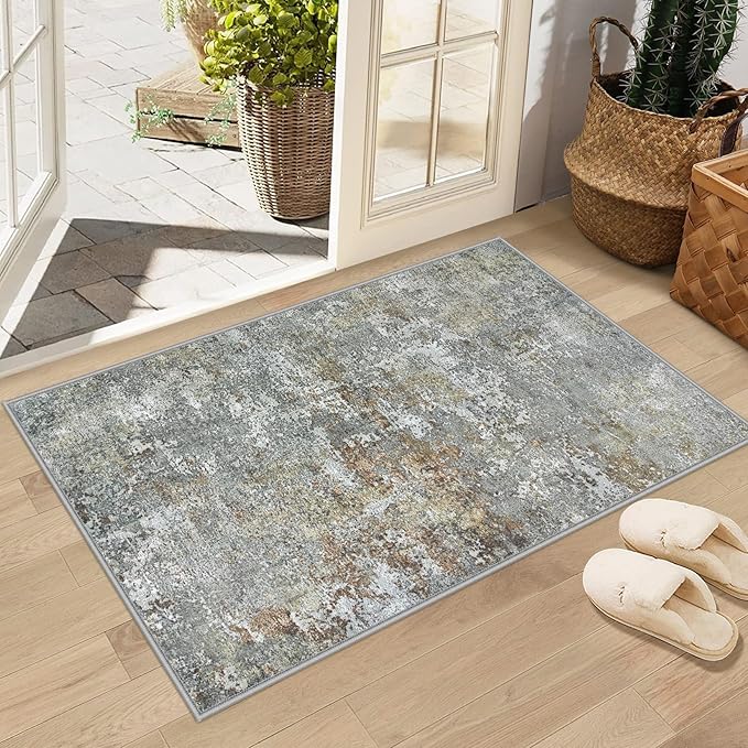 Machine Washable Area Rugs 2x3: Small Entryway Rug with Non Slip Backing Non Shedding Stain Resistant Abstract Carpet for Living Room Bedroom Kitchen Laundry Under Dining Table - Gray