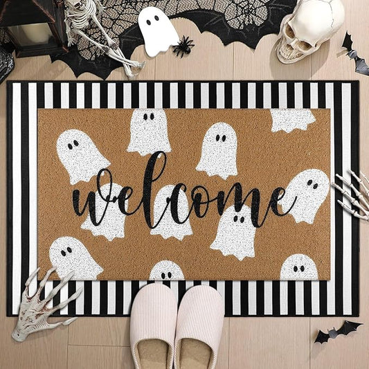 2 Pcs Halloween Welcome Door Mat Ghost Outdoor Welcome Mats for Front Door Non Slip Cute Ghost Coir Floor Mat Black White Stripe Halloween Rug for Outside Front Porch Entryway Decor
