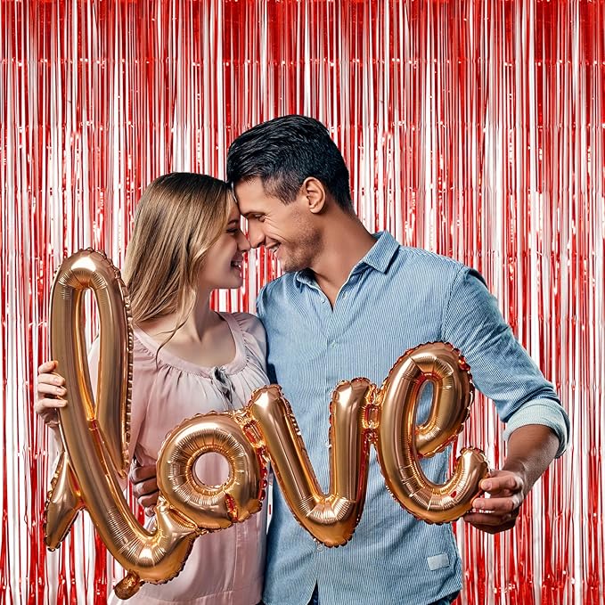 Red Foil Fringe Curtain Party Decorations, Melsan 3.2 x 8 ft Metallic Tinsel Curtains Streamer Backdrop for Christmas, Birthday, Anniversary, Valentine's Day Party Decorations, Pack of 2