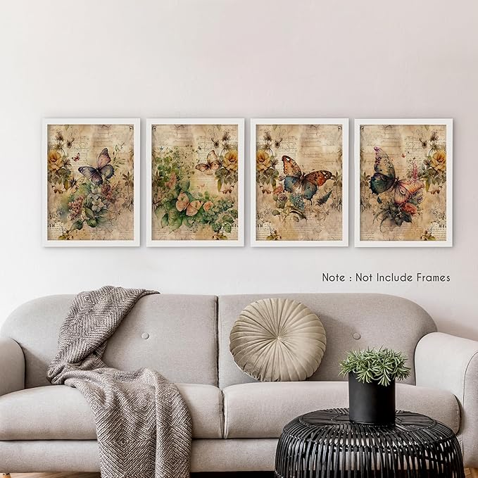 HRQKO Vintage Retro Butterfly Flower Wall Art Poster Prints Set of 4, Butterfly Floral Pictures Artwork Printing Posters Wall Decor, Blossom Botanical Prints for Bathroom Living Room 12”x16”