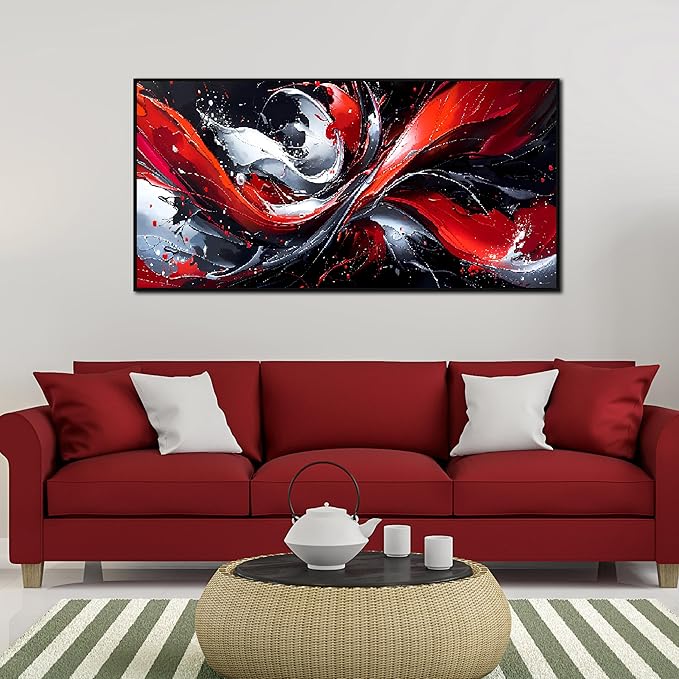 Ouzzlie Red Wall Decor Abstract Canvas Black and White Wall Art for Bedroom Modern Picture Artwork 24" x 48"