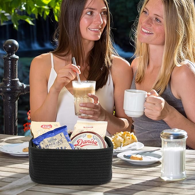 Small Woven Storage Baskets 13“X9”X5“ Decorative Rope Bins for Organizing Shelves, Closets, and Toys, Empty Gift Baskets, Cute Organizer Basket for Home and Office (black, Large)