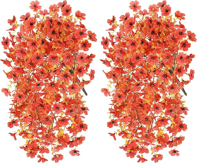 Fall Artificial Flowers for Outdoors Fake Silk Flower, 2Pcs Red Orange Daisy Autumn Decor, Realistic Hanging Decoration Plants, UV & Fading Resistant for Porch Patio Balcony Planter