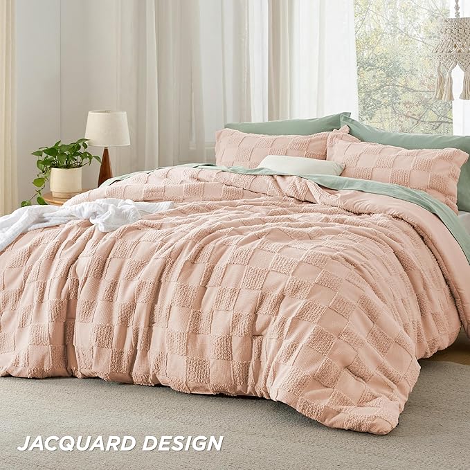 Bedsure King Size Comforter Set Dusty Rose, Boho Tufted Bed Set, Checkered Farmhouse Shabby Chic Bedding, 3 Pieces, 1 Plaid Geometric Comforter and 2 Pillow Shams
