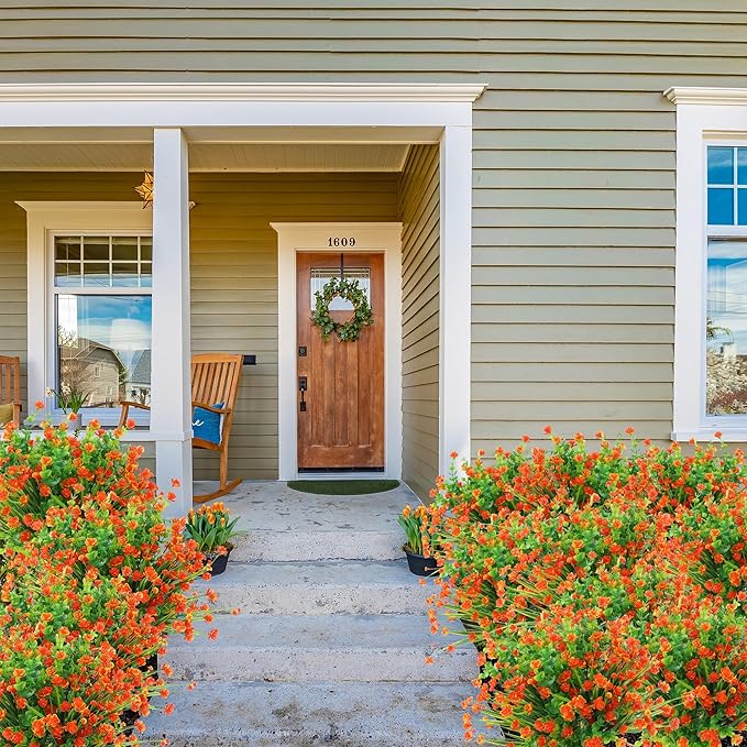 Sggvecsy Artificial Fall Flowers for Outdoors 12 Bundles UV Resistant Boxwood Shrubs Fake Plants for Autumn Harvest Thanksgiving Farmhouse Garden Home Indoor Outdoor Decoration(Orange)