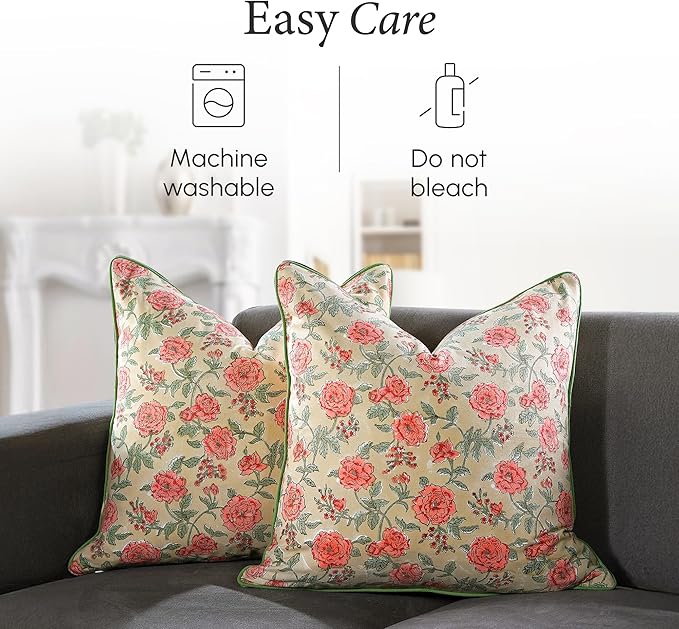 CPC 100% Cotton Throw Pillow Covers 18x18 Inch, Set of 2 Orange Block Print Pattern Couch Pillow, Cute Boho Decorative Pillows for Living Room, Bedroom with Hidden Zipper- Fire Opal