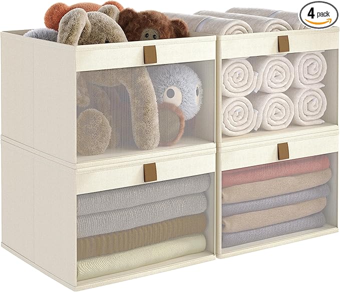 Linen Closet Organizers and Storage, Closet Storage Bins Basket Organizer, Foldable Organization Baskets with Mesh Window for Clothes Towels and Toys, 12.75" x 12.75" x 9", Beige, 4 pack