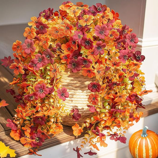 Artificial Autumn Flowers for Outdoors Fall Light Orange & Brown Daisy, Fake Hanging Decoration, 2Pcs Outside Decor, Realistic Plants, Silk Flower for Porch Patio Balcony Planter Yard