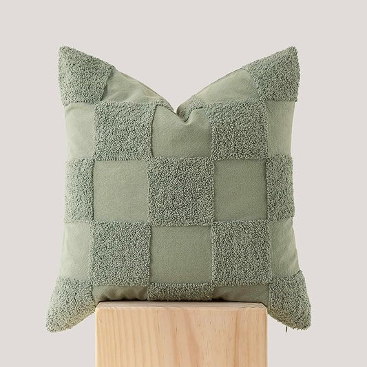 Double Stitch 100% Cotton Throw Pillow Covers - Checkered Tufted Boho Decorative Pillow Covers 20x20, Made in India, Square Cushion Case, Modern Home Decor for Couch, Sofa, Living Room, Sage Green