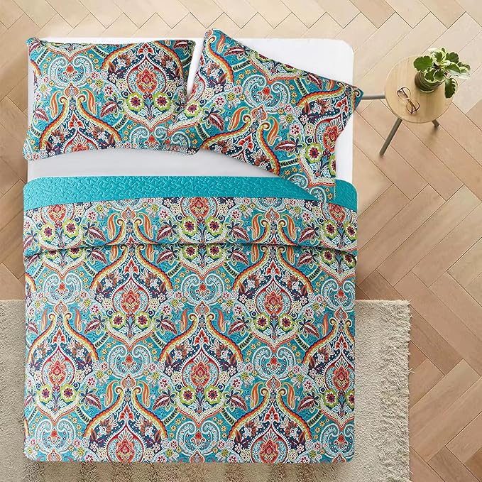 VAPUTAR Quilt King Bedding Set - Soft Cotton Quilts with Paisley Floral Pattern - Lightweight Reversible Bedspreads for Farmhouse (3 Pieces, Bright Teal)