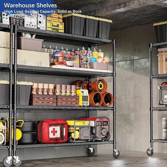 Heavy Duty Shelving, 76.2" H Garage Shelving Unit with Wheels, 4-Tier Garage Storage Shelves Metal Shelves Rack, Adjustable Industrial Shelving for Warehouse Storage, 60" W x 24" D x 76.2" H, Black