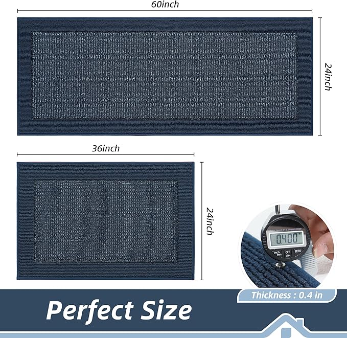 BEQHAUSE Kitchen Rugs and Mats Set of 2 Non-Slip Kitchen Mats for Floor, Absorbent and Stain Resistant Kitchen Runner, Machine Washable Rugs for Kitchen, Laundry & Sink, 24"x36"+24"x60", Blue