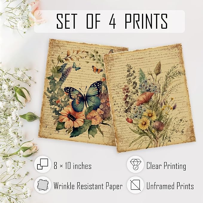 HRQKO Vintage Floral Butterfly Wall Art Poster Prints Set of 4, Floral Wall Art, Retro Butterfly Artwork Printing Posters Wall Decor, Watercolor Flower Prints for Bedroom Living Room 8”x10” Unframed