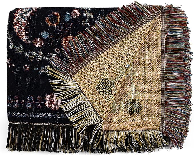 Boho Throw Blanket Reversible Cotton Bohemian Tapestry Hippie Room Decor Double Sided (Lunar Eclipse Black 50"x60")