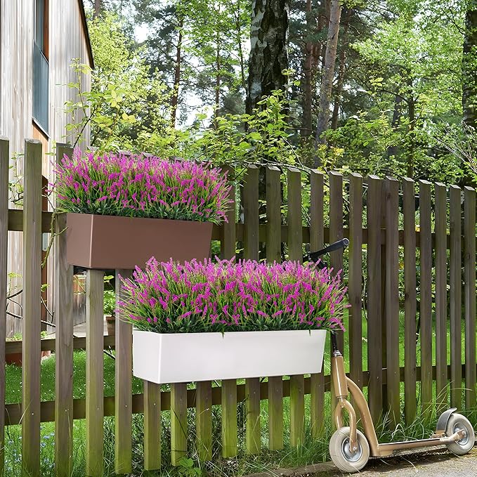 Artificial Flowers Faux Plants for Outdoor Decoration, 12 Bundles Fake Monkey Grass for Home Garden Front Porch Balcony, Lavender Flowers Shrubs UV Resistant No Fade Greenery Bush Planter (Lotus)