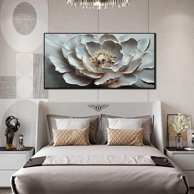 White Flower Wall Art for Bedroom Teenage Girl - Modern Hand Painted Home Wall Decor for Living Room - Large Black Framed Wall Art Size 29" x 59"