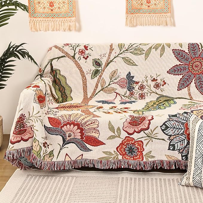 Boho Throw Blanket for Bed Couch Sofa Reversible Cotton Bohemian Travel Quilt Mexican Muslin Blanket Tapestry Hippie Room Decor Outdoor Blanket Double Sided (Boho Flower Dark 4 60"x80")