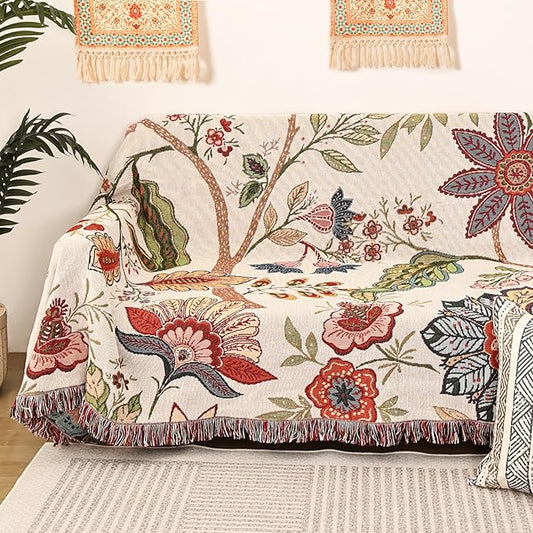 Boho Throw Blanket for Bed Couch Sofa Reversible Cotton Bohemian Travel Quilt Mexican Muslin Blanket Tapestry Hippie Room Decor Outdoor Blanket Double Sided (Boho Flower Dark 4 60"x80")