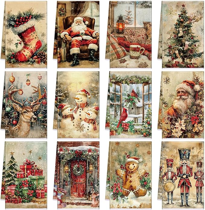 12 Pcs Christmas Kitchen Towels and Dishcloths Absorbent Christmas Tree Reindeer Truck Hand Dish Towels Decoration for Xmas Home Gift Supplies, 14.2 x 21.3 Inch (Vintage Fashion)