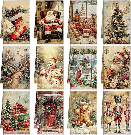 12 Pcs Christmas Kitchen Towels and Dishcloths Absorbent Christmas Tree Reindeer Truck Hand Dish Towels Decoration for Xmas Home Gift Supplies, 14.2 x 21.3 Inch (Vintage Fashion)