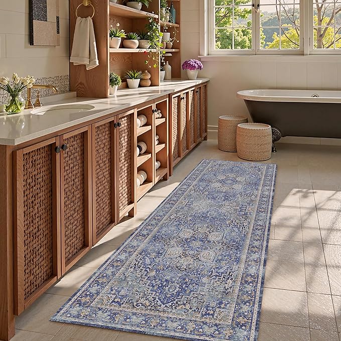 Washable Area Rug 2'6'' x 8' Vintage Traditional Persian Mat - Foldable Distressed Non-Slip Machine Washable Carpet for Living Room Bedroom Kitchen Home Decor - Indigo and Gold