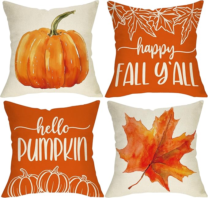 Happy Fall Y'all Decorative Throw Pillow Covers 18 x 18 Set of 4, Autumn Hello Pumpkin Maple Leaves Porch Outdoor Home Decor, Orange Seasonal Sofa Couch Cushion Case