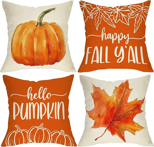 Happy Fall Y'all Decorative Throw Pillow Covers 18 x 18 Set of 4, Autumn Hello Pumpkin Maple Leaves Porch Outdoor Home Decor, Orange Seasonal Sofa Couch Cushion Case