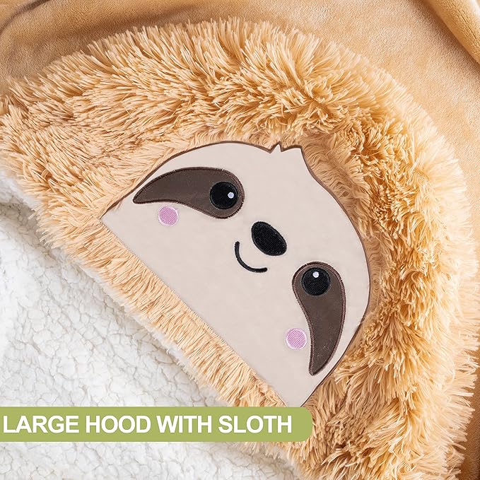 Sloth Wearable Hooded Blanket for Adults – Super Soft Warm Cozy Plush Flannel Fleece Throw & Sherpa Hoodie Cloak Wrap - Sloth Gifts for Women Adults Girls and Kids
