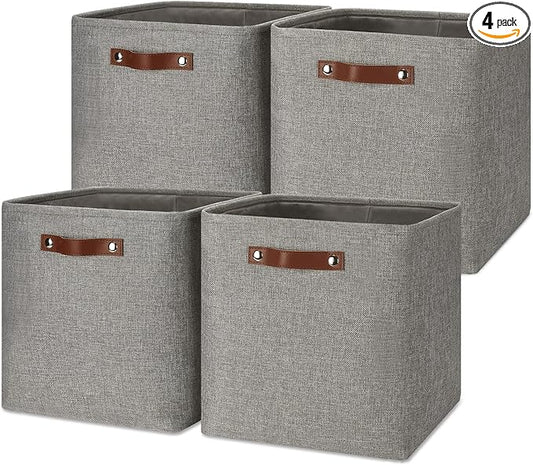 Temary Storage Baskets 13 Inch Fabric Storage Cubes for Shelves Set of 4 Storage Cube Bins for Home, Office, Storage Organizers for Toys with Leather Handles(Grey)