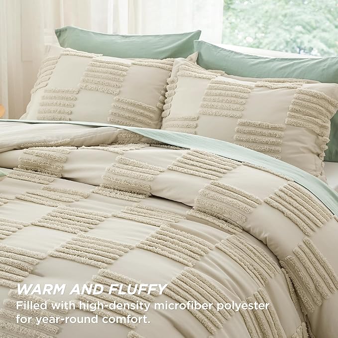 Bedsure Twin/Twin XL Size Comforter Set Linen, Boho Tufted Bed Set, Grande Checkered Farmhouse Shabby Chic Bedding, 2 Pieces, 1 Plaid Geometric Comforter and 1 Pillow Sham