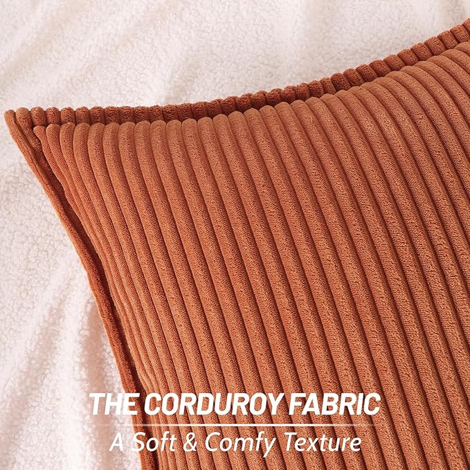 Mecatny Corduroy Fall Throw Pillow Covers 16x16 Set of 2, Neutral Decorative Soft Burnt Orange Boho Couch Pillow Covers with Broadside for Sofa Living Room, Rust