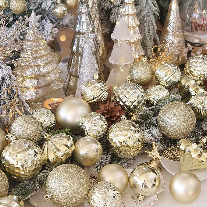 Sea Team 70-Pack Shatterproof Plastic Christmas Ball Ornaments Set, Multi-Size Christmas Baubles, Hanging Decorations for Xmas Tree, Wreath, Garland, (1.18-1.97 Inches, Gold)