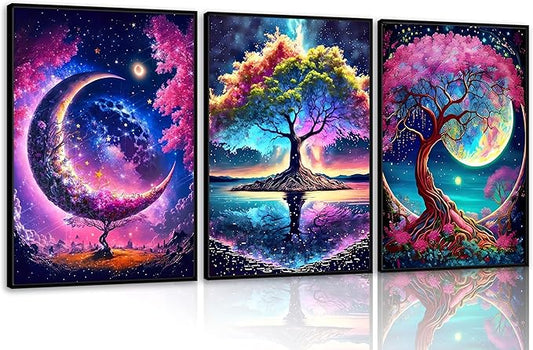 EVPYXFUT 3PCS Tree of Life Wall Art Moon Canvas Poster Romantic Starry Night Pictures Fantasy Forest Paintings Tree Life Prints Visual Modern Abstract Wall Decor for Living Room Bedroom Unframed