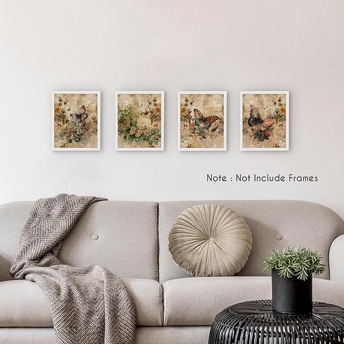 HRQKO Vintage Retro Butterfly Flower Wall Art Poster Prints Set of 4, Butterfly Floral Pictures Artwork Printing Posters Wall Decor, Blossom Botanical Prints for Bathroom Living Room 8”x10” Unframed