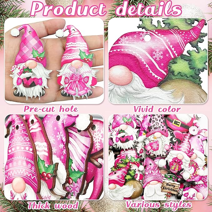 Christmas Wooden Hanging Ornaments, Wood Hanging Decor for Christmas Tree Decoration Gnome Santa Doll Wooden Hanging Craft Gnome Elf Party Supplies (Xmas-Gnomes-D)