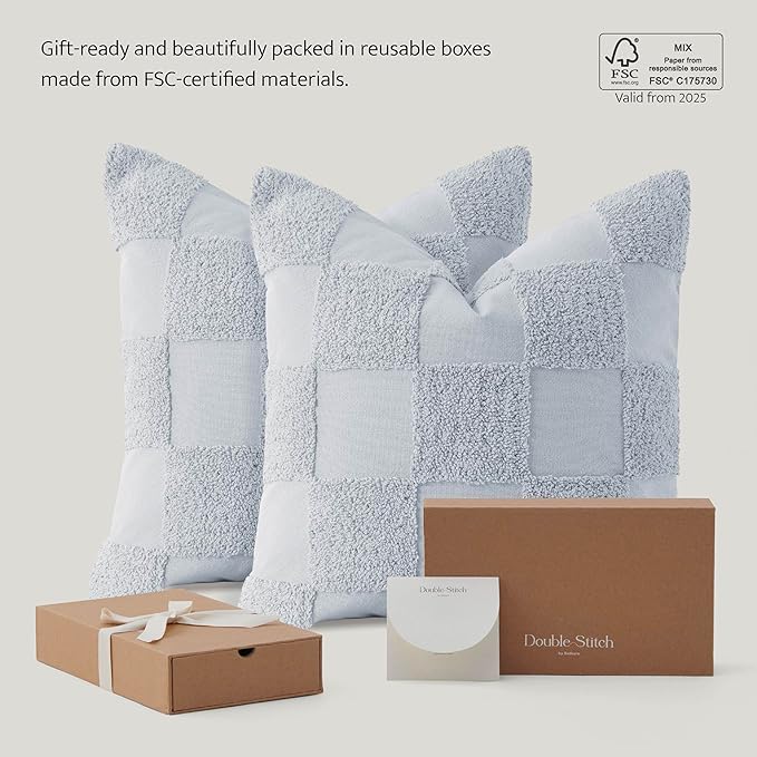 Double Stitch Checkered Throw Pillow Covers - 100% Cotton Set of 2 Tufted Boho Decorative Pillow Covers 20x20, Made in India, Square Cushion Case, Modern Home Decor for Couch, Sofa, Arctic Blue