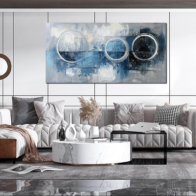 AOZEMI Abstract Wall Art Large Blue Picture Wall Decor Grey and White Circle Modern Artwork Art for Living Room Office 24"x 48"