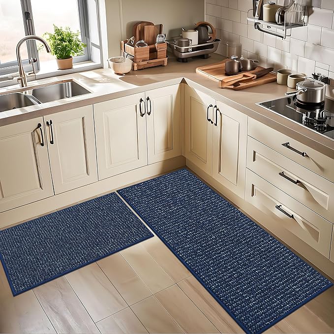 BEQHAUSE Kitchen Rugs 32"x48", Non-Slip Kitchen Mats for Floor, Super Absorbent and Stain Resistant Kitchen Rugs, Machine Washable Rugs for Kitchen, Hallway, Laundry & Sink, Blue