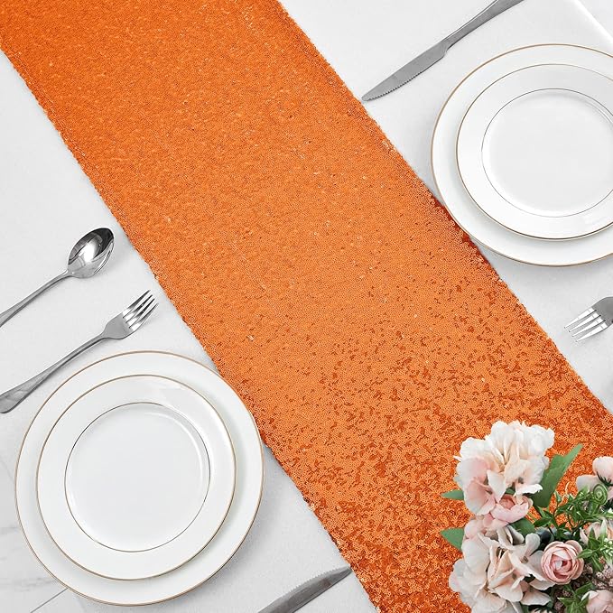 2 Packs 12 x 108 inches Orange Sequin Table Runner, Glitter Orange Table Runner for Wedding Birthday Bachelorette Holiday Party Supplies Decorations Bridal Shower Baby Shower
