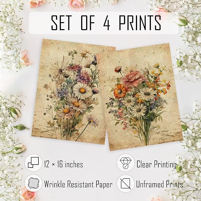 HRQKO Vintage Floral Wall Art Poster Prints Set of 4, Retro Wildflower Artwork Printing Posters, Botanical Flowers Prints for Living Room Bedroom 12"x16" Unframed
