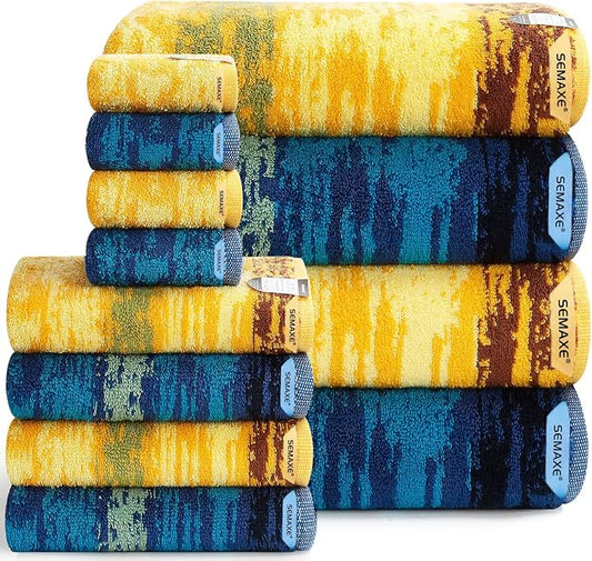 SEMAXE 12-Piece Mixed Color Towel Set - 100% Cotton, Lightweight, Absorbent, Quick-Drying Bathroom Towel, Ideal for Couples and Gifts, Bath Towel, Hand Towel, and Washcloth Per Color