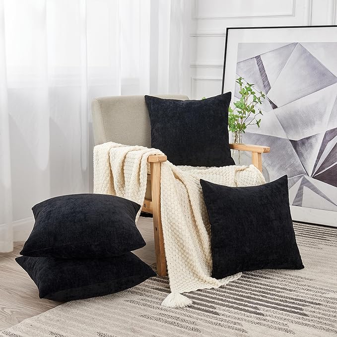 GAWAMAY Decorative Square Throw Pillow Covers 18"x18" Inch Set of 4, Super Soft Chenille Pillows Farmhouse Fall Pillowcase for Living Room Bedroom Sofa Couch Cushion Cover Black 45x45cm (No Insert)
