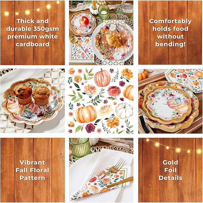 Kate Aspen Fall Paper Plates and Napkins Sets, Fall Party Decorations, Thanksgiving Napkins Disposable, 62 pcs - 16pcs 7 in. & 9 in. Heavy Duty Disposable Party Plates, 30pcs 6.5 inch Paper Napkins