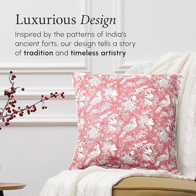 CPC 100% Cotton Throw Pillow Covers 18x18 Inch, Set of 2 Pink Block Print Pattern Couch Pillow, Cute Boho Decorative Pillows for Living Room, Bedroom with Hidden Zipper- Coral Pink