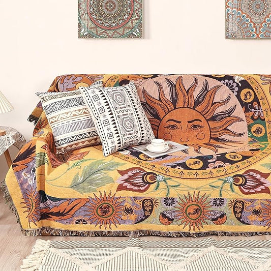Boho Throw Blanket for Bed Couch Sofa Reversible Cotton Bohemian Travel Boho QuiltMexican Muslin Blanket Tapestry Hippie Room Decor Outdoor Blanket Double Sided (Sun Pattern Yellow 60"x80")